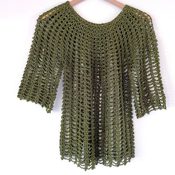 Vintage Green Open Weave Crochet Top M Handmade Boho Fairy Whimsigoth Goblin - Picture 1 of 7
